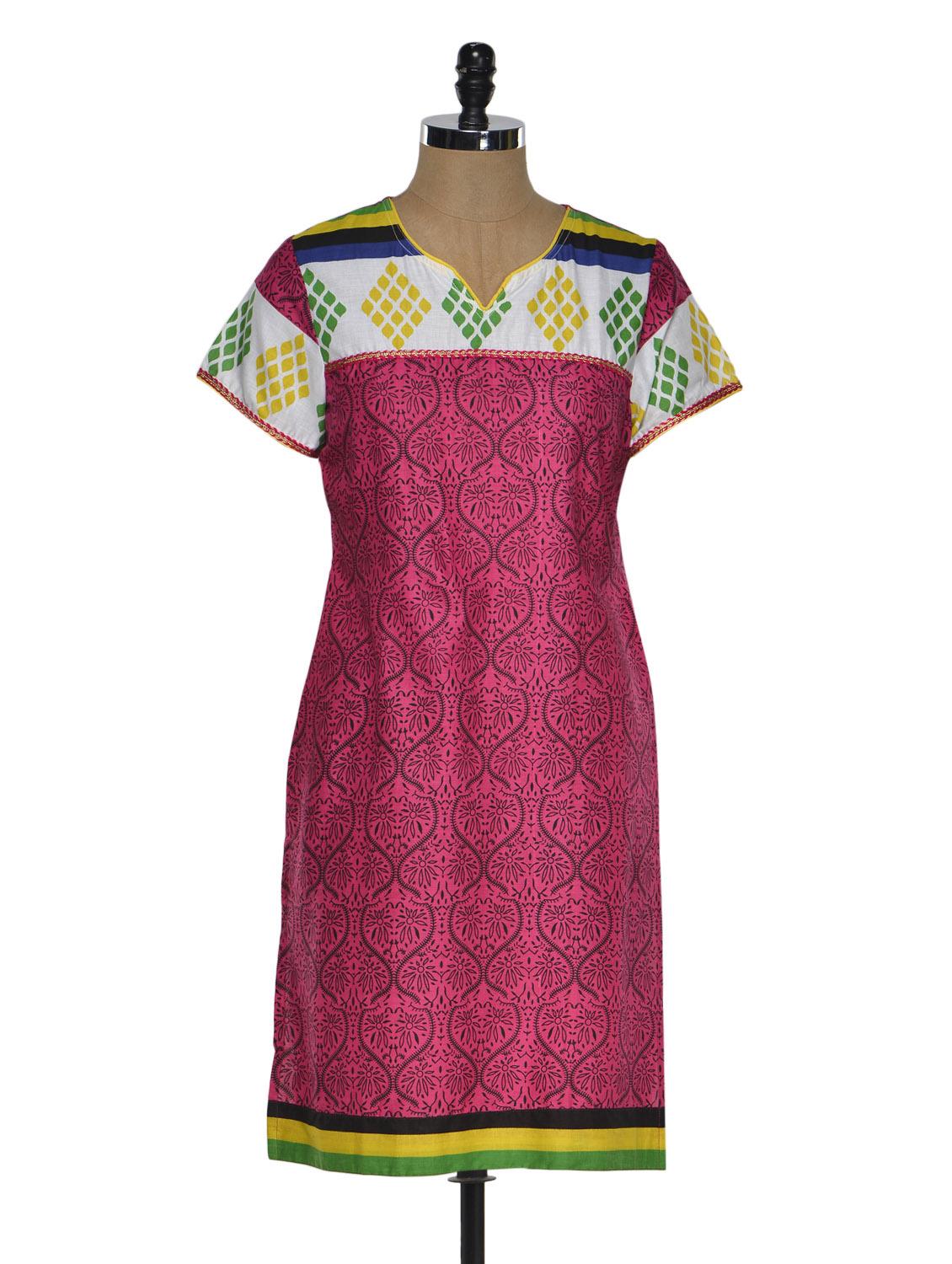 Multi Color Short Sleeve Geometric Print Kurta - Chitwan Mohan