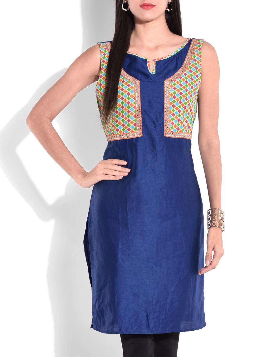 Buy online Indigo And Pink Jacket Cotton Kurti from Kurta Kurtis for