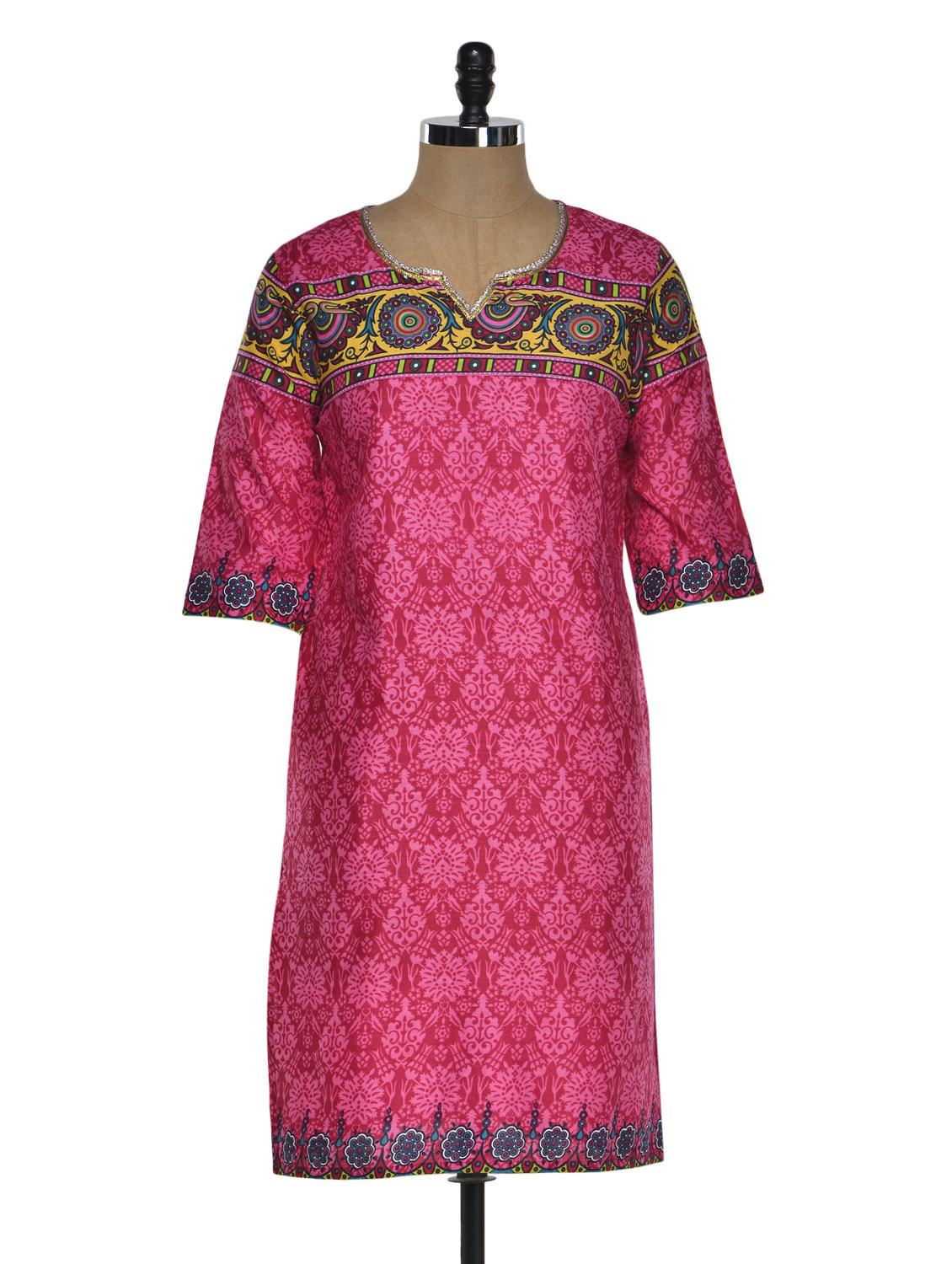 Multi Color Quarter Sleeve Geometric Print Kurta With A Hint Of Yellow - Chitwan Mohan