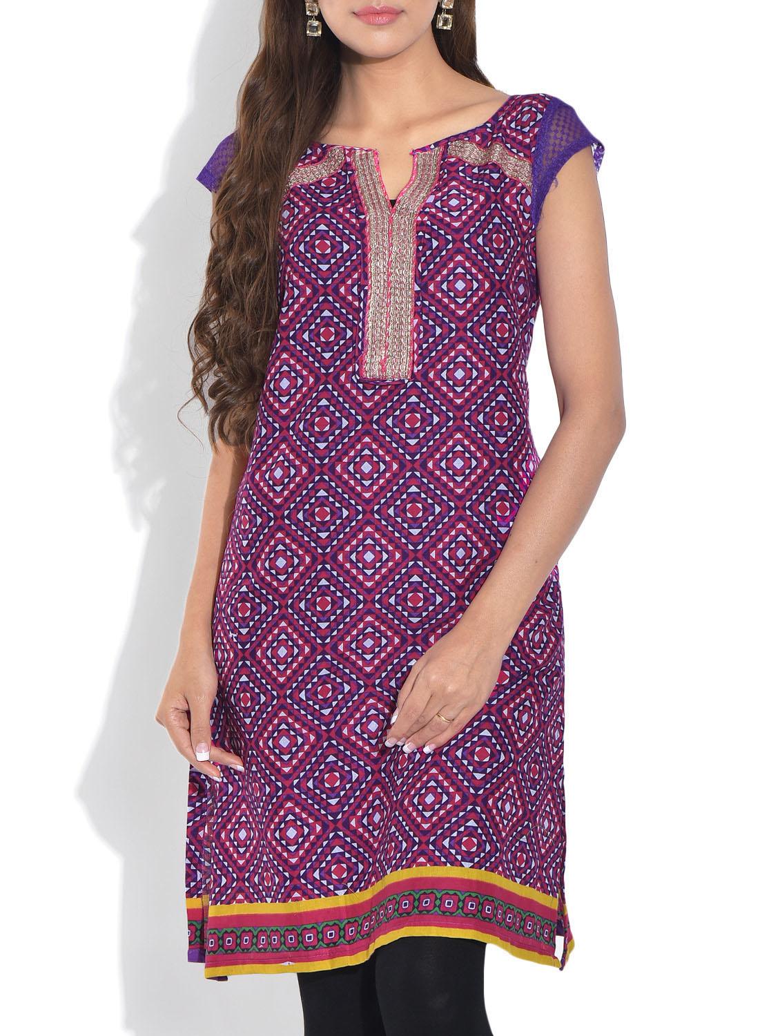 Purple Printed Short Sleeved Cotton Kurti - By