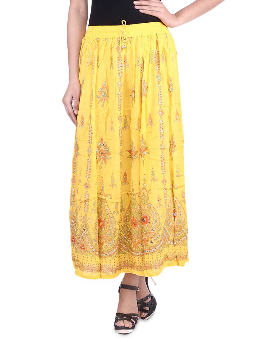 yellow embroidered and embellished rayon maxi skirt