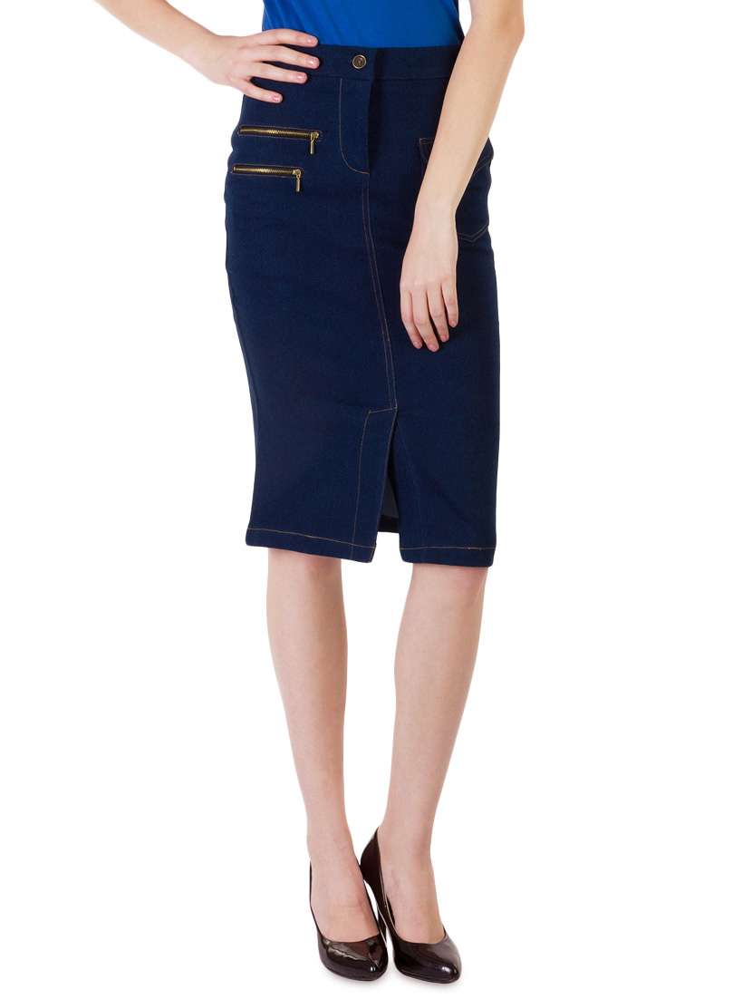 dark blue front-slit denim skirt