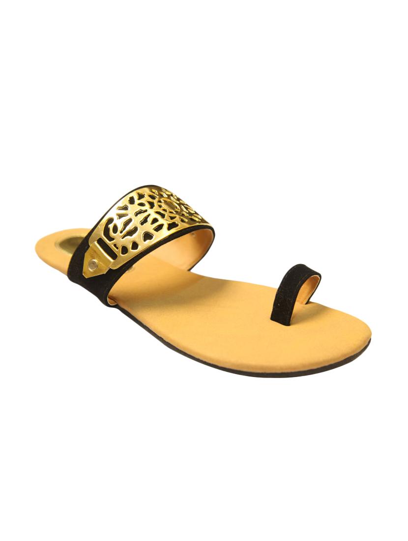 Black, Gold Faux Leather Toe Seperators Sandal - By