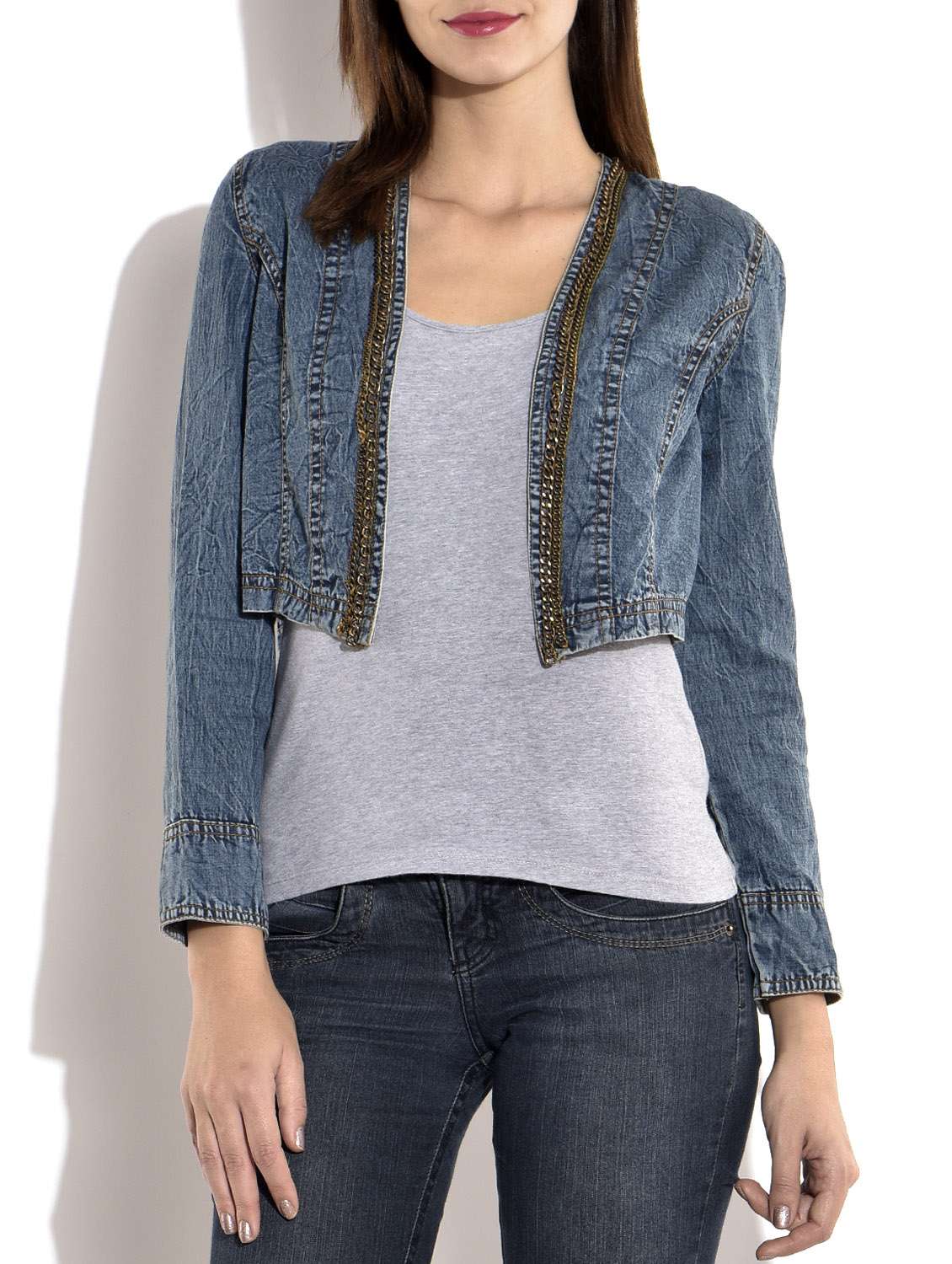 Buy online Blue Denim Shrug With Chain Embellishment from western