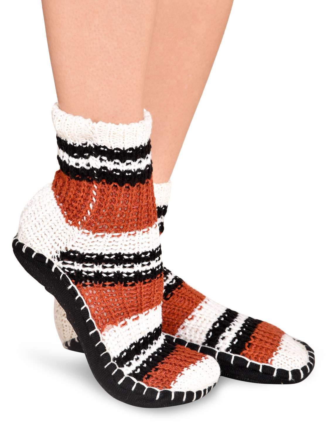 white and brown striped acrylic booties