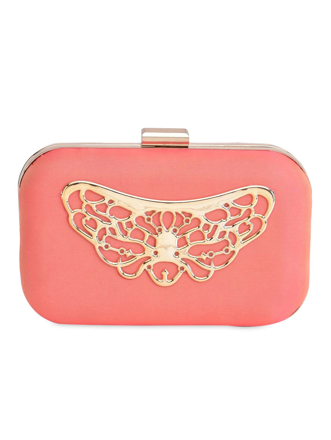 coral pink gold butterfly box clutch