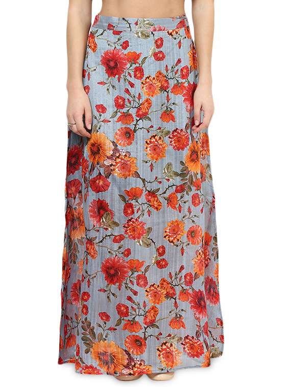 multicolored poly silk printed maxi skirt