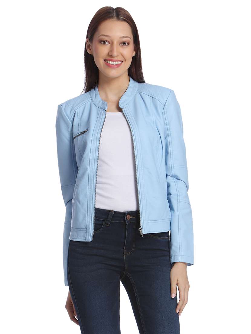 Buy online Sky Blue Biker Jacket from jackets and blazers and