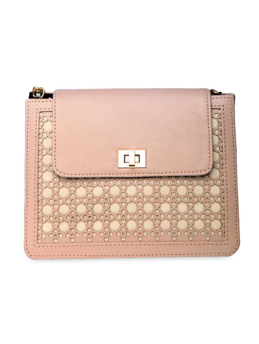 Buy online Peach And Cream Cutworked Leatherette Sling Bag from bags