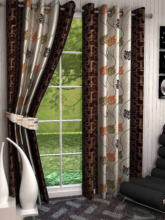 Buy Online Set Of 2 Beige And Brown Long Door Curtains From