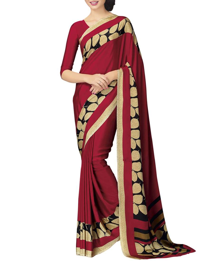 maroon printed crepe silk saree with blouse
