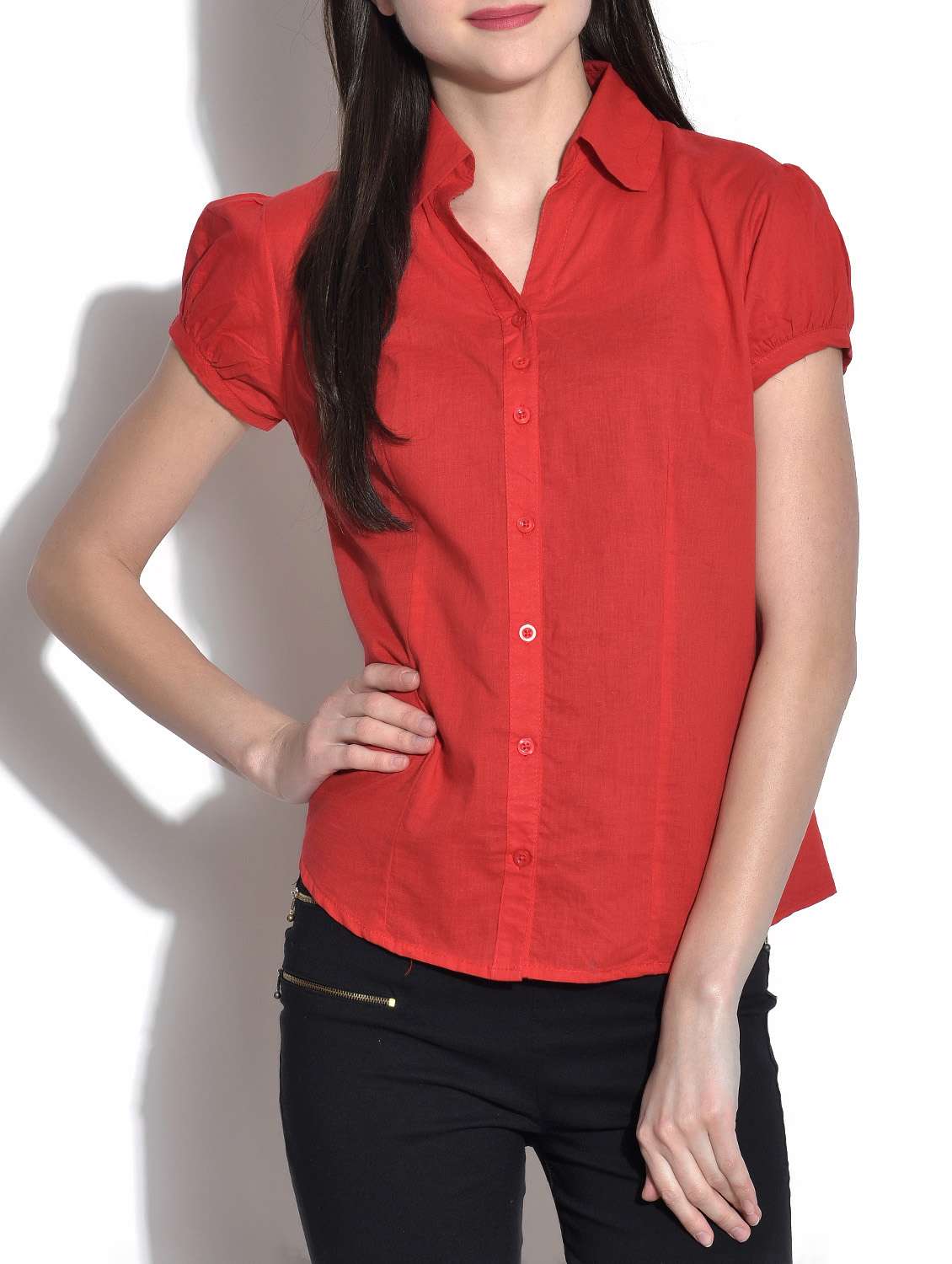 solid red short sleeved cotton shirt