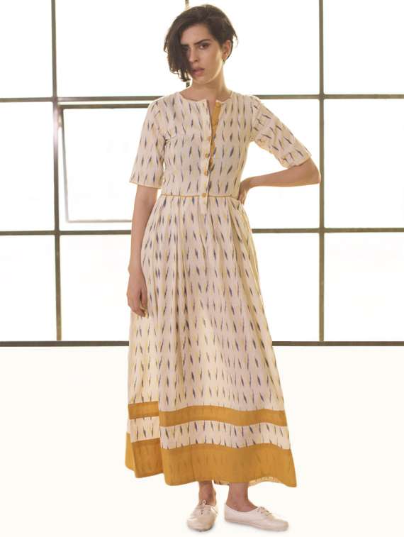 Buy online Ivory Ikat Handloom Cotton Flared Maxi Dress from