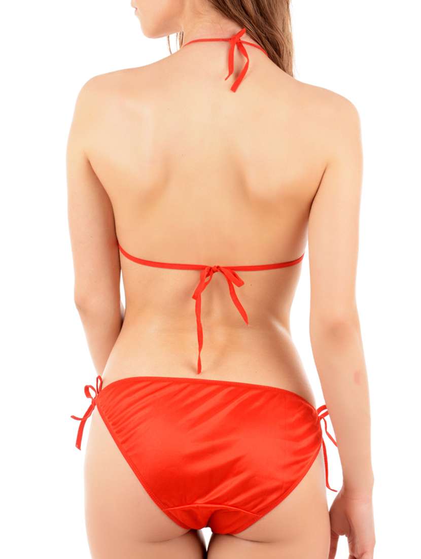Buy online Red Black Satin Stretchable Bikini Set from swimwear