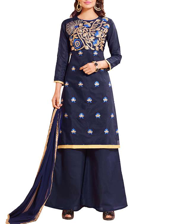 Buy online Navy Blue Embroidered Un Stitched Plazo Dress Material