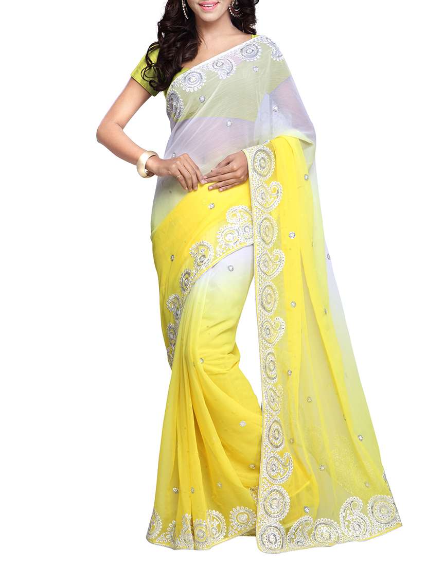 yellow and white chiffon saree