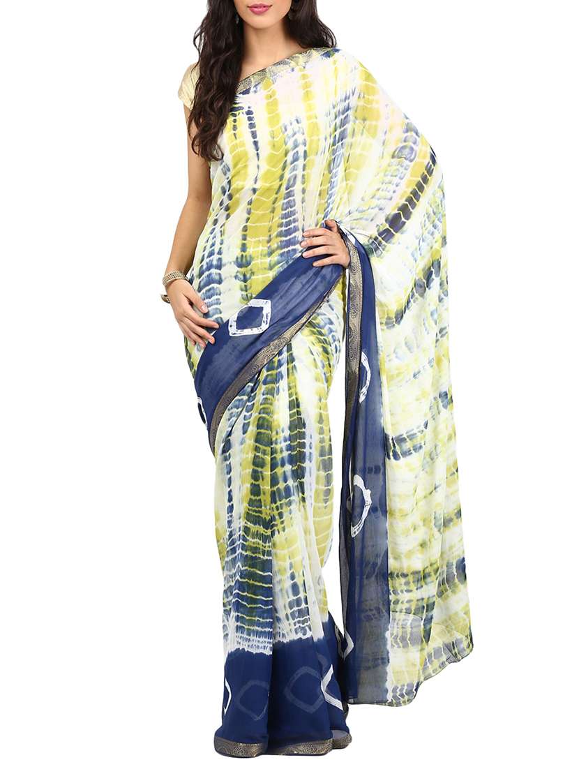 white & blue chiffon saree