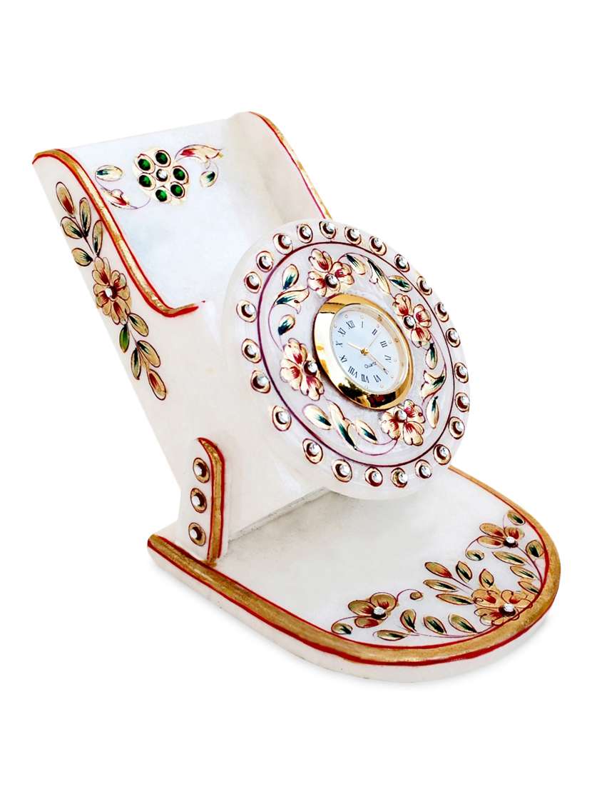 handicrafts paradise rajasthani marble mobile holder with clock