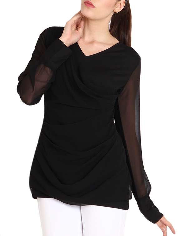 faux wrap sheer sleeved top