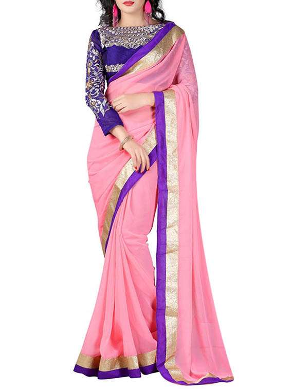 pink chiffon bordered saree with blouse