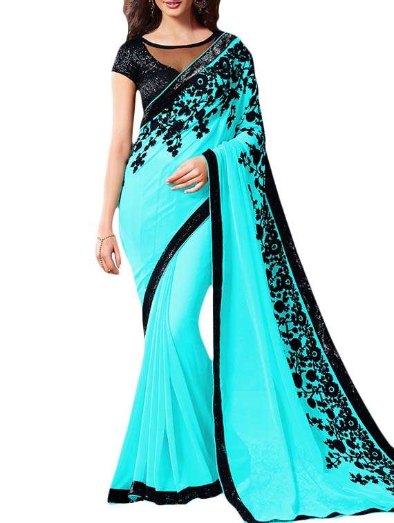 blue  chiffon bordered  saree with blouse