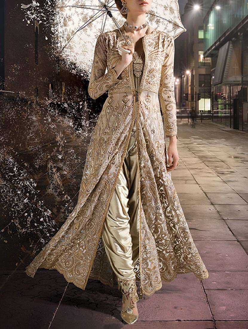 beige color dress material Beige Festive Wear Embroidered Fancy Dress Material