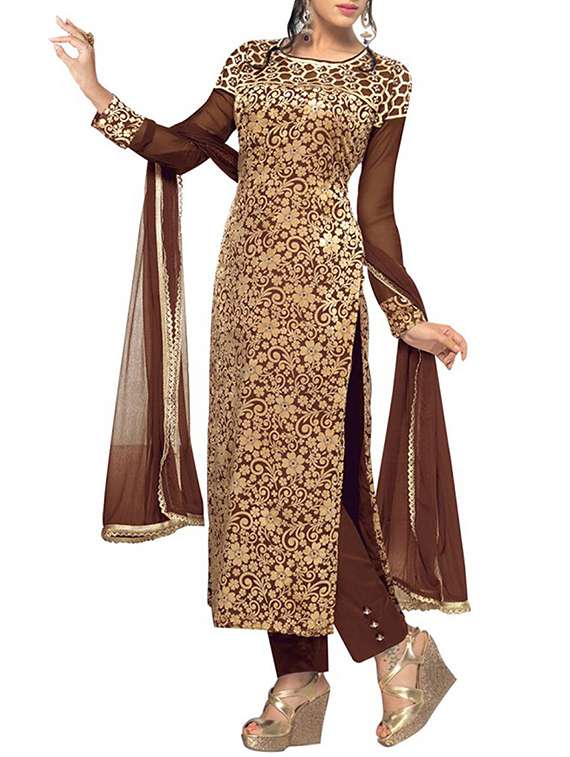 brown brasso & velvet semi stitched suit