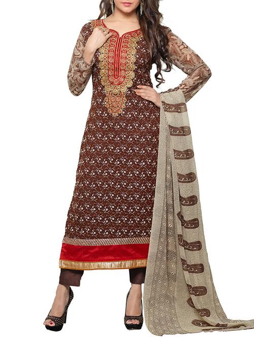 brown georgette semi stitched suit - 9813680 - Standard Image - 0