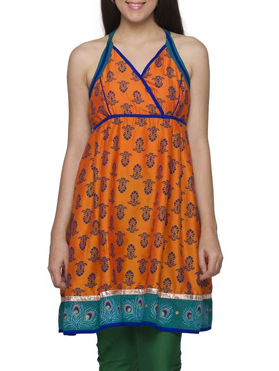 Buy online Indo-western Orange Halter Neck Kurti from Kurta Kurtis