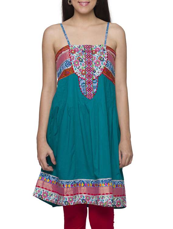 Buy online Multicolored Cotton Camisole Neck Embroidered Kurti