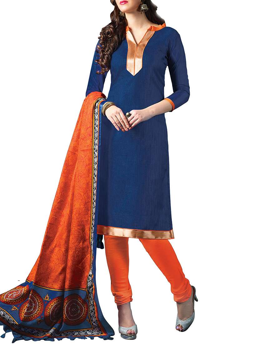Jute Cotton Dress Material(Blue,Orange)