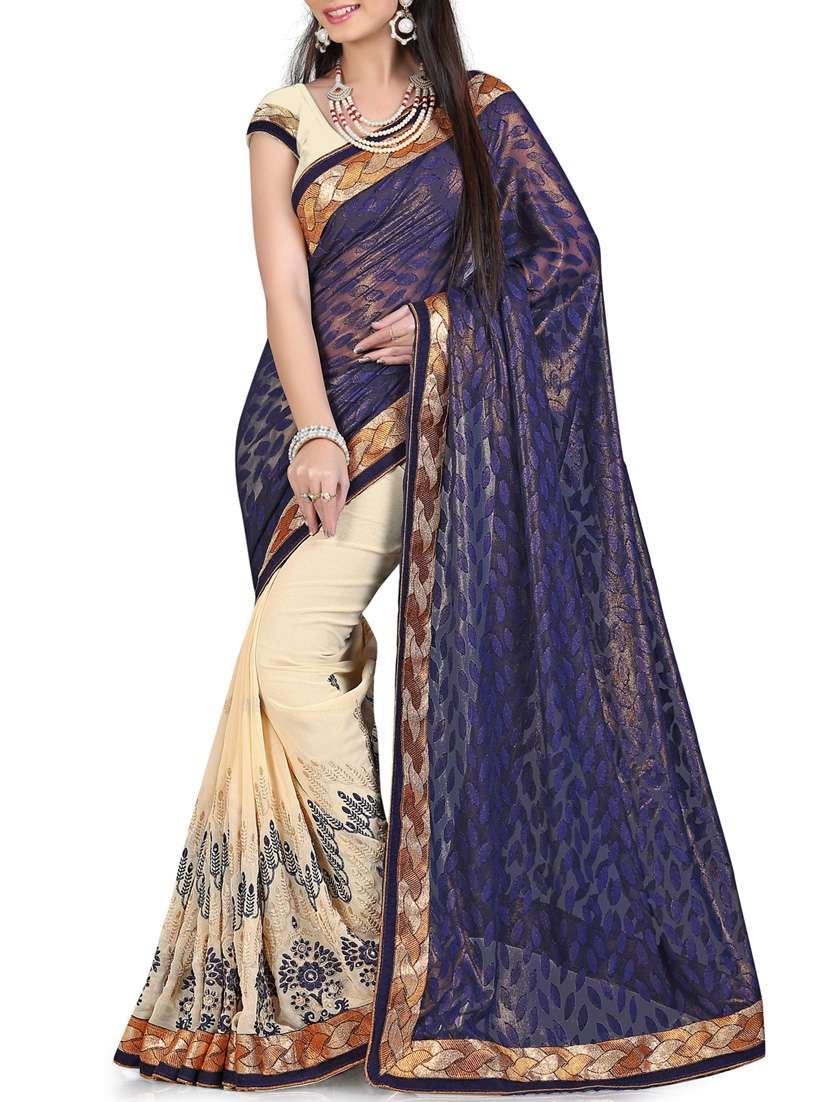 navy blue , cream viscose jacquard, georgette saree.