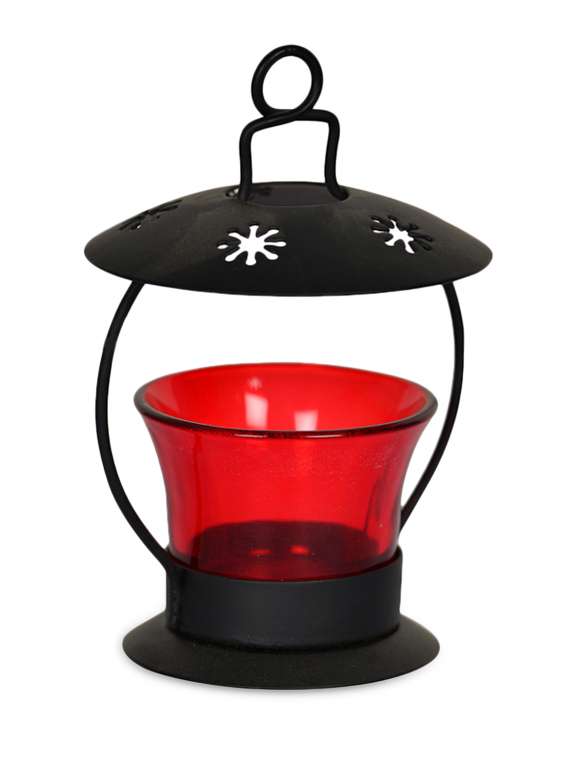 red hanging cum table tealight holder in iron