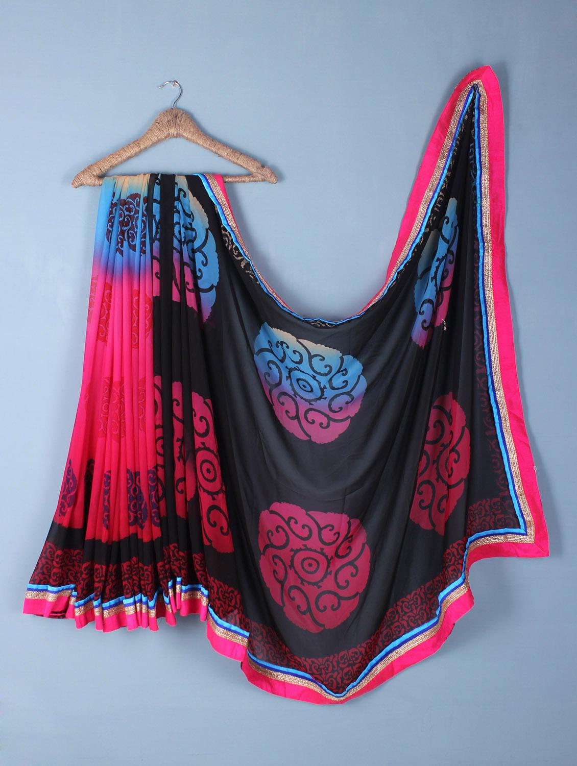 Black & Pink Printed Georgette Saree - Inddus