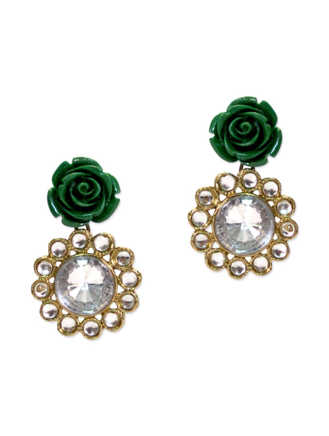 green rose stud with studded flower dangler earring