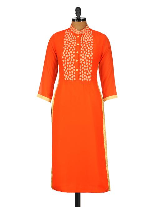 Orange Zari Embroidered Button Down Kurta - GREEN EMERALD