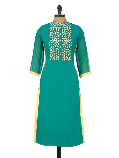 Teal Green Zari Embroidered Button Down Kurta - GREEN EMERALD