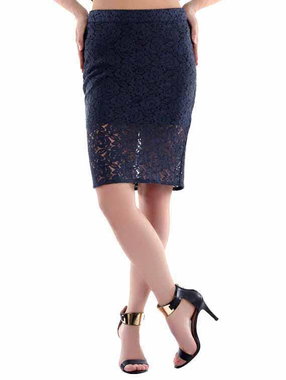 Navy Blue Lace Pencil Skirt - Fuziv
