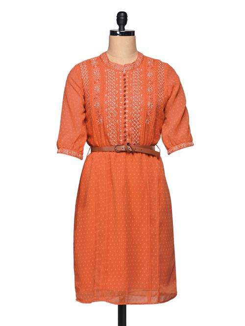Embroidered Pin Tucks Elastic Waist Georgette Dress - BLUEBERY D C