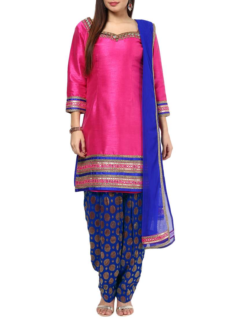 Buy online Pink Raw Silk Mirror Work Suit Set from ethnic wear for