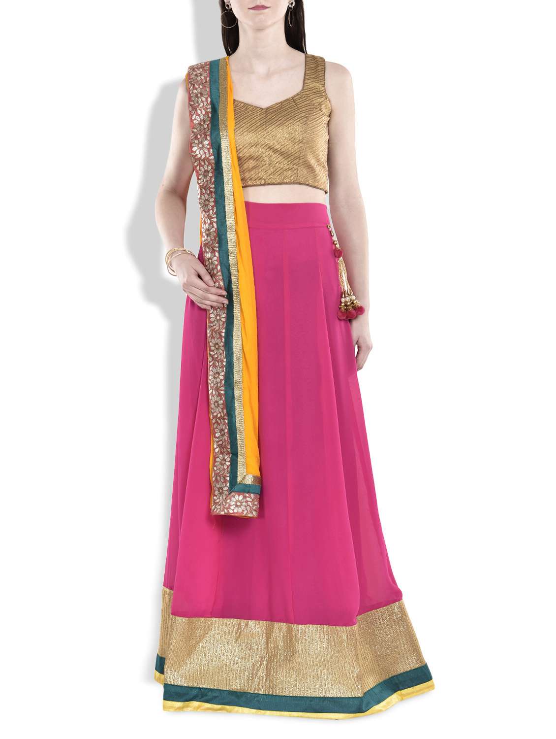 pink,yellow,teal georgette lehenga