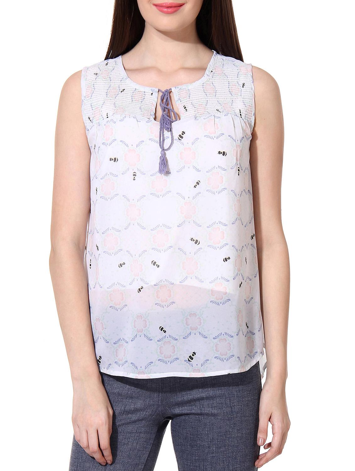 smocked yoke tie up neck top - 9979596 -  Zoom Image - 0
