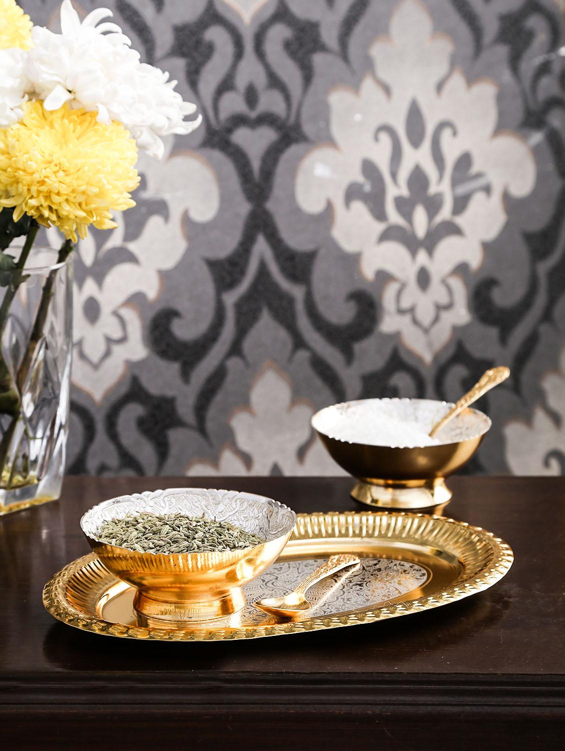 gold , silver brass decorative tray and bowl